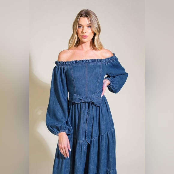 NWT Boutique Luna Off-Shoulder Long Sleeve Denim Maxi Dress - Picture 5 of 6